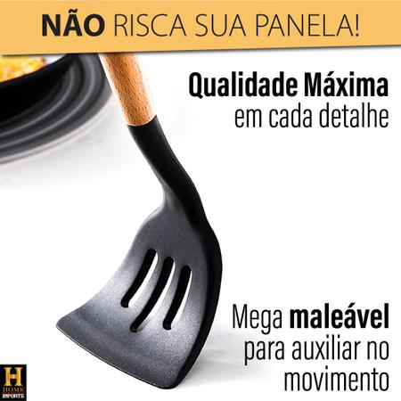 Imagem de Kit Jogo 12 Peças Utensílios De Silicone Para Cozinha Com Cabo De Madeira + Balde - Linha Kitchen