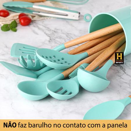 Imagem de Kit Jogo 12 Peças Utensílios De Silicone Para Cozinha Com Cabo De Madeira + Balde - Linha Kitchen