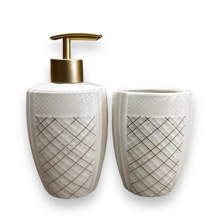 Imagem de Kit Jogo Banheiro Lavabo Decoração 2 Peças Porcelana Porta Escova Sabonete Liquido Branco