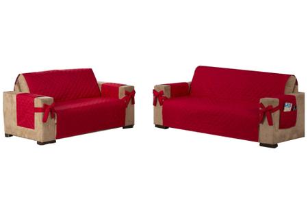 Imagem de kit Jogo capa protetora de sofá face unica 2 e 3 lugares com laço e porta objetos vermelho
