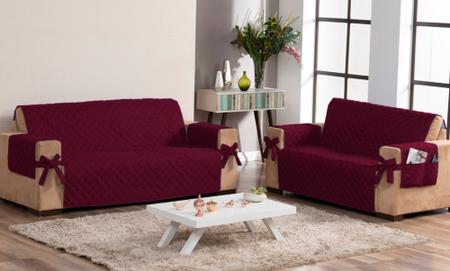 Imagem de kit Jogo capa protetora de sofá face unica 2 e 3 lugares com laço e porta objetos vermelho