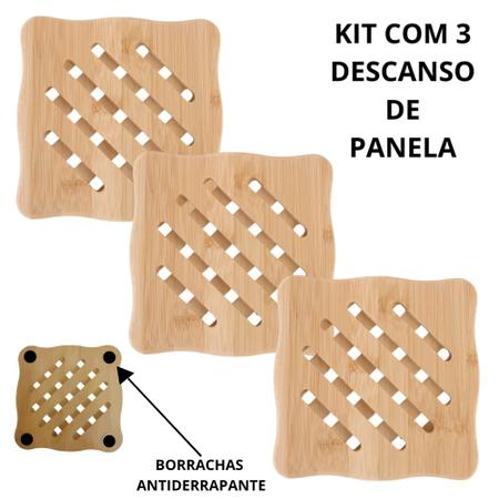 Imagem de Kit Jogo Conjunto com 3 Suporte Porta Descanso de Panela em Bambu Protetor de Mesa Antiderrapante Quadrado