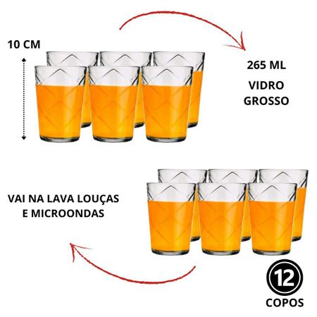 Imagem de Kit Jogo De 12 Copos De Vidro Grosso Resistente 265 mL