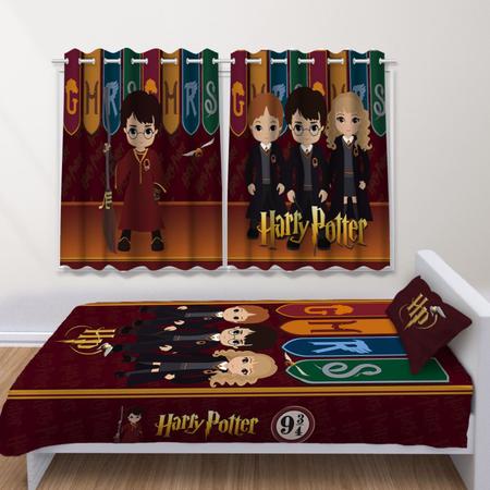 Imagem de Kit Jogo de Quarto Infantil Cortina Jogo De Lençol +Fronha Quarto HARRY POTTER CUTE-IMPAKTO VISUAL