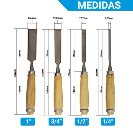 Imagem de Kit Jogo Formão Goiva Madeira Chanfrado Cabo Madeira Para Entalhador Artesanato 4 Peças Profissional 