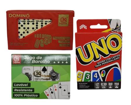 Kit 3 Jogos De Mesa Dominó + Uno + 2 Baralhos Cartas Truco