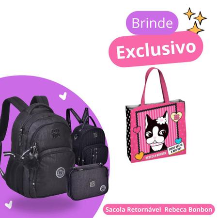 Kit Juvenil Rebecca Bonbon Mochila Preta de Costas com Lancheira e Estojo com Ecobag Imagem de Kit Juvenil Rebecca Bonbon Mochila Preta de Costas com Lancheira e Estojo com Ecobag