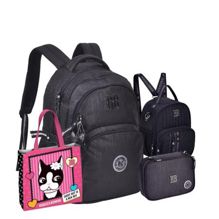 Kit Juvenil Rebecca Bonbon Mochila Preta de Costas com Lancheira e Estojo com Ecobag Imagem de Kit Juvenil Rebecca Bonbon Mochila Preta de Costas com Lancheira e Estojo com Ecobag
