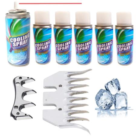 Imagem de Kit Lâmina 9 Dentes Curva Superior Inferior P/ Tosquiadeira Tosa Ovelha KaQi + 6 Spray Resfriador