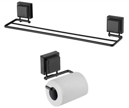 Imagem de kit lavabo banheiro preto fosco ventosa 02 peças Future porta toalha banho duplo e porta papel higiênico