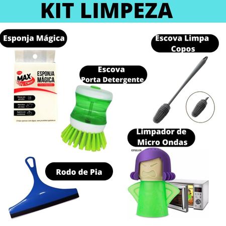 Imagem de Kit Limpeza Cozinha 5 Peças Inclui Limpador Micro Ondas, Escova Porta Detergente, Escova Limpa Copos, Rodo Pia Esponja