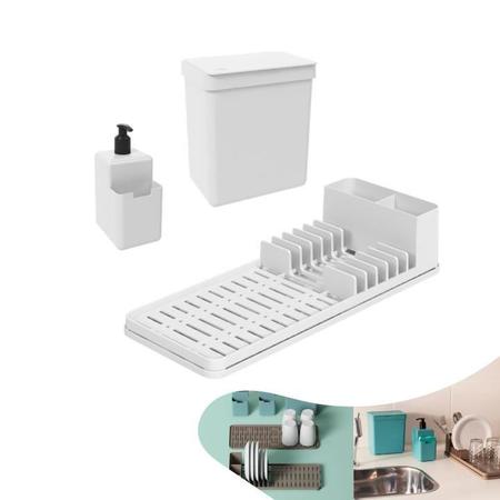 Kit Lixeira 2,5L Porta Detergente Escorredor Louças - Branco - Coza Imagem de Kit Lixeira 2,5L Porta Detergente Escorredor Louças - Branco