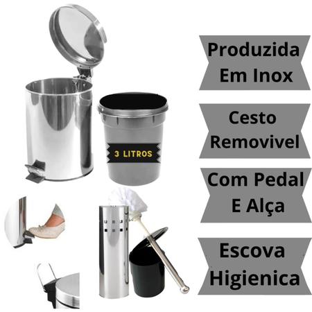 Imagem de Kit Lixeira 3 Litros + Escova Sanitária Para Banheiro Inox