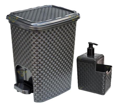 Imagem de Kit Lixeira 7 Litros Com Pedal + Dispenser Detergente Plástico Preto Cozinha Banheiro 