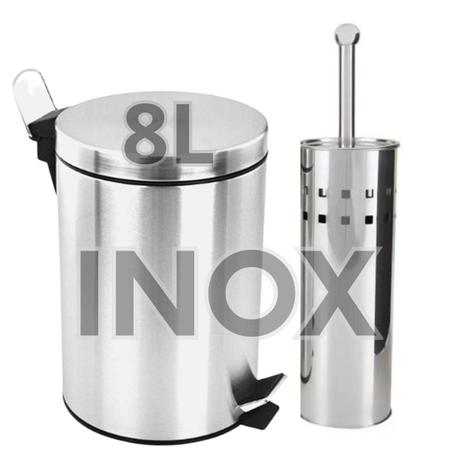 Imagem de Kit Lixeira 8 Litros Com Escova Sanitária Para Banheiro Inox