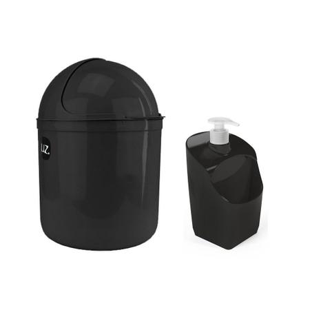 Imagem de Kit Lixeira de Pia e Porta Detergente Dispenser Preto 2pcs