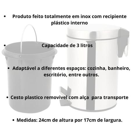 Imagem de Kit Lixeira Inox com Pedal Cesto Interno de Plastico Removivel Escova Sanitaria Inox Limpeza de Vaso Sanitario Banheiro