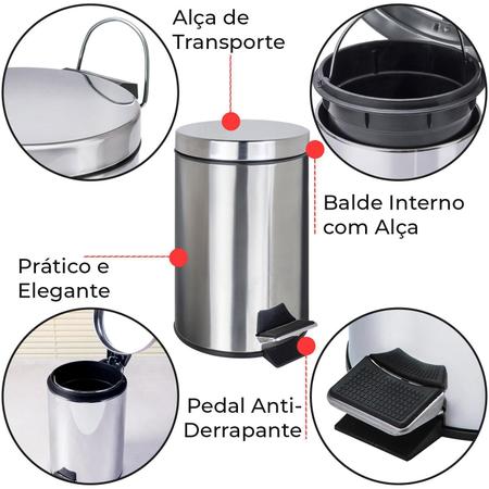 Imagem de Kit Lixeiras Aço Inox 12L + 3L Pedal Anti-Derrapante Balde