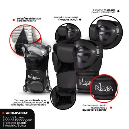 Imagem de Kit luvas de Boxe Muay Thai Naja Black + Bandagem + Protetor Bucal + Corda