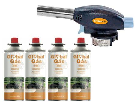 Imagem de Kit maçarico portatil culinário controle de chama  + 4 refil gás butano globalmix solda  artesanato