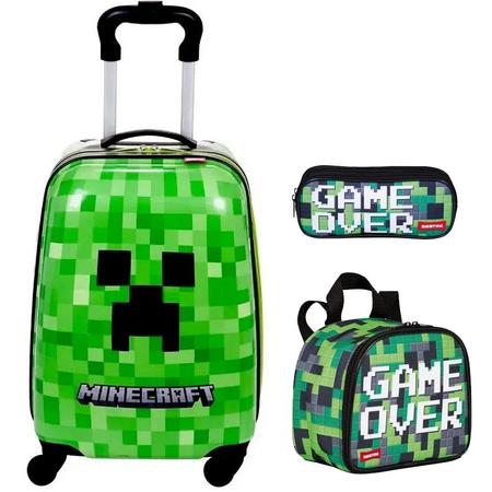 Kit Malinha Mala Mochila Minecraft Escolar Bordo Rodinha 360