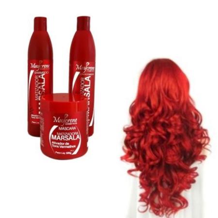Imagem de Kit Marsala Matizador para Cabelos Vermelhos shampoo condicionador mascara maycrene A  Pronta Entrega