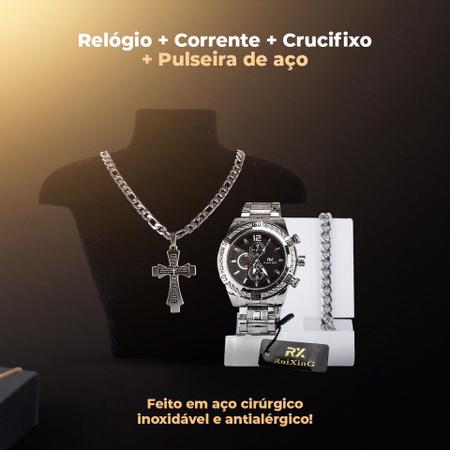 Imagem de Kit Masculino aco analogico prata prova agua crucifixo nota