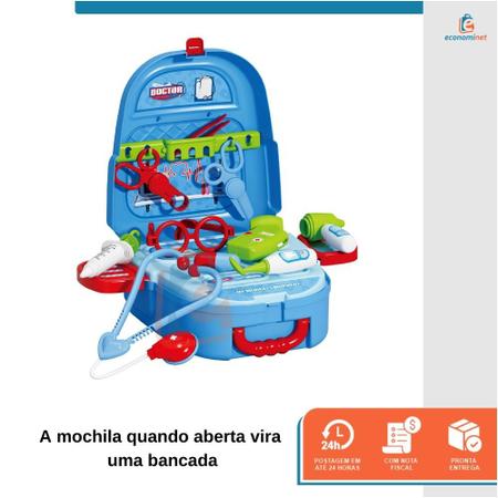 Imagem de Kit Médico Faz de Conta Brinquedo Mochila Maleta Infantil Criança 2 em 1 Completo Bancada Doutor