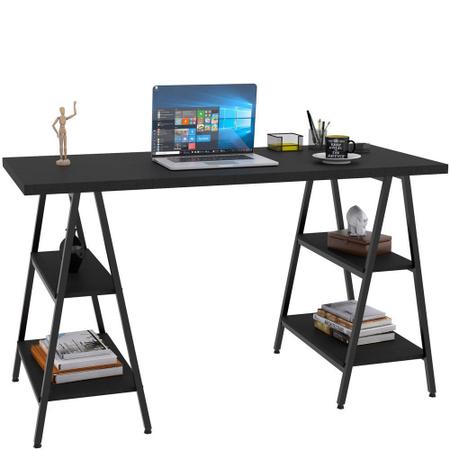 Imagem de Kit Mesa Cavalete 135 cm com Estante 3 Prateleiras Estilo Industrial Form C01 Preto Onix - Lyam Decor