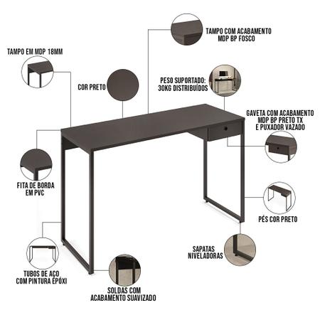 Imagem de Kit Mesa Escritório Lead 1 Gaveta Industrial F01 Preto Fosco e Cadeira Economy Corano - Lyam Decor