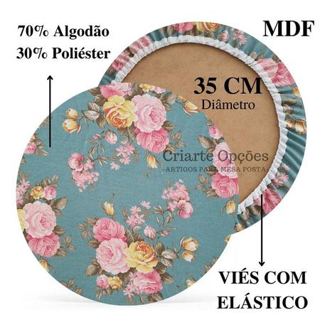 Imagem de Kit Mesa Posta 04 Bases MDF 35CM + 04 Capas de Sousplat Em Tecido Floral Verde Tiffany