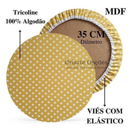 Imagem de Kit Mesa Posta 04 Bases MDF 35CM + 04 Capas de Sousplat Em Tecido Poá Amarela Tricoline 100% Algodão