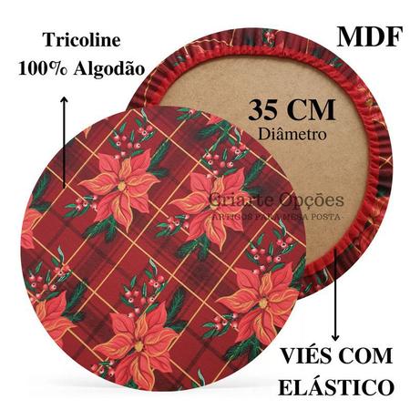 Imagem de Kit Mesa Posta 06 Bases MDF 35CM + 06 Capas de Sousplat Em Tecido Flor Natalina Vermelho Tricoline 100% Algodão