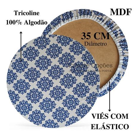 Imagem de Kit Mesa Posta 08 Bases MDF 35CM + 08 Capas de Sousplat Em Tecido Azulejo Azul Tricoline 100% Algodão