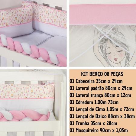 Imagem de Kit Mini Berço Menina Bebê 100% Algodão 8 Peças Enxoval De Quarto Jogo Completo Trança Protetor Feminino