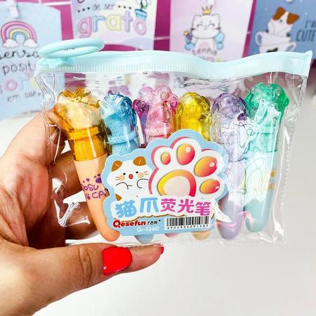 Imagem de Kit Mini Marca Texto Patinha Gato Sosu 6 Cores Cat Kawaii   Material Escolar  Papelaria Fofa  Divertida