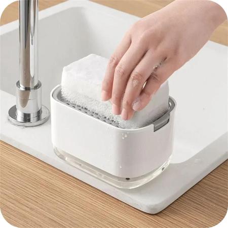 Imagem de Kit Mini Rodo Esfregão Absorvente Portátil + Dispenser esponja inovador para esponja detergente espalha sabão drena e limpa 
