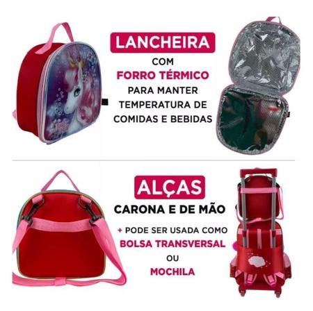 Imagem de Kit Mochila Carrinho Unicórnio Escolar + Lancheira + Estojo