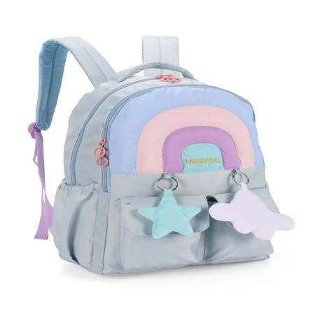 Kit Mochila Costas Lancheira Estojo Arco Íris Azul Up4you - Luxcel Imagem de Kit Mochila Costas Lancheira Estojo Arco Íris Azul Up4you - Luxcel