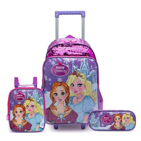 Imagem de Kit Mochila de Rodinha Infantil Princesas Estojo Duplo Lancheira Térmica Escolar