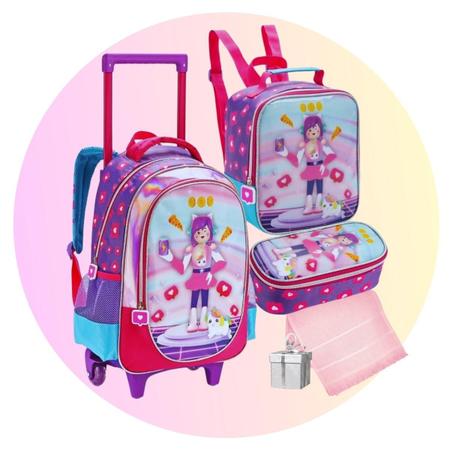 Imagem de Kit Mochila de Rodinhas Infantil Menina Game Pkxd Lancheira E Estojo Resistente Reforçada