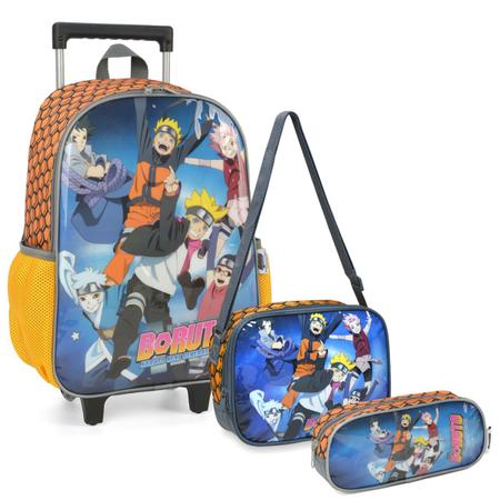 Kit Mochila Escolar Boruto Naruto Infantil de Carrinho Rodinhas