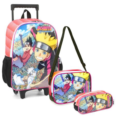 Kit Mochila Escolar Boruto Naruto Infantil de Carrinho Rodinhas