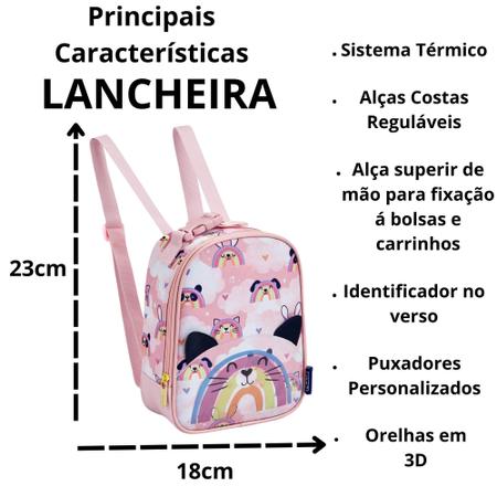 Imagem de Kit Mochila Escolar Feminina Infantil Panda e Gatinho Com Detalhes em 3D + Lancheira Térmica Menina