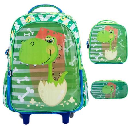 Imagem de kit Mochila Escolar Infantil com Rodinhas Dinossauro Mais Lancheira e Estojo Reforçada