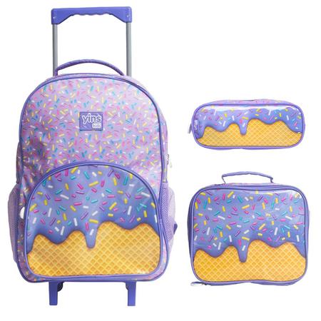 Imagem de Kit Mochila Escolar Infantil de Rodinhas com Lancheira e Estojo Yins em Poliester Candy Roxo