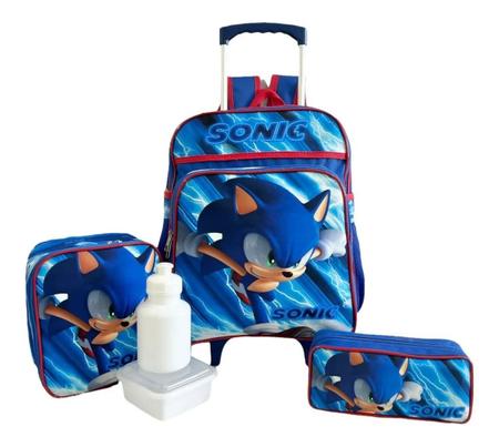 kit mochila de rodinhas Sonic jogo game infantil escolar meninos