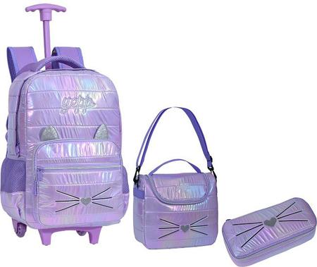 Kit Mochila Infantil Esoclar Rodinha Gatinho Glitter Yepp - Kit