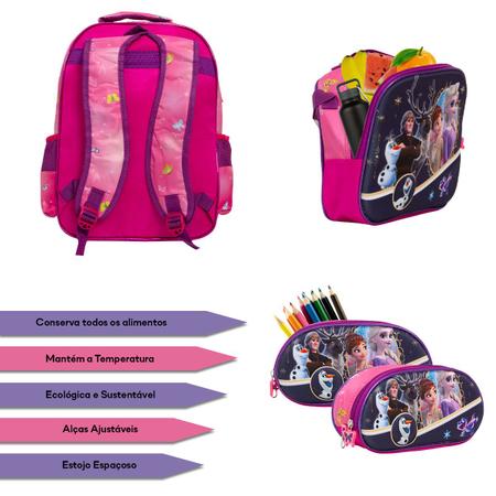 Imagem de Kit Mochila Escolar Menina Estampa Frozen Tam G Cor Rosa