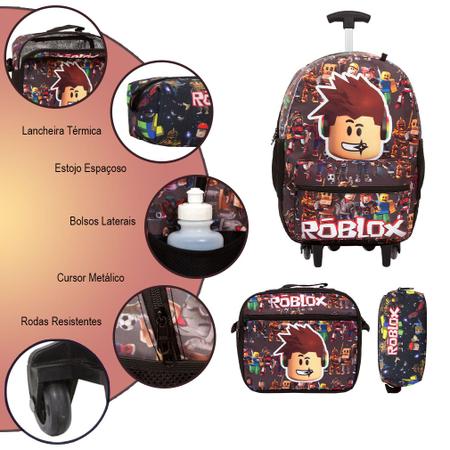 Kit mochila escolar juvenil com rodinhas roblox